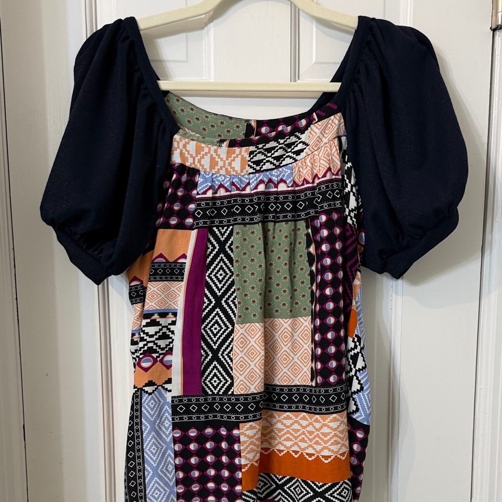 Maeve Colorful Patchwork Puff Sleeve Top M